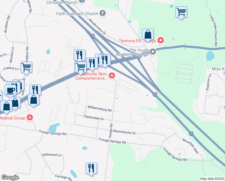 map of restaurants, bars, coffee shops, grocery stores, and more near 3087 Woody Lane in Clarksville