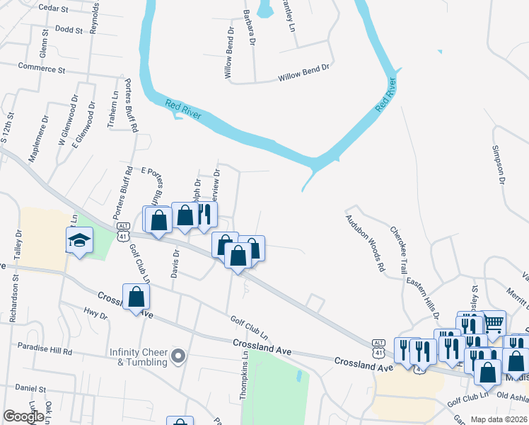 map of restaurants, bars, coffee shops, grocery stores, and more near 173 Inglewood Drive in Clarksville