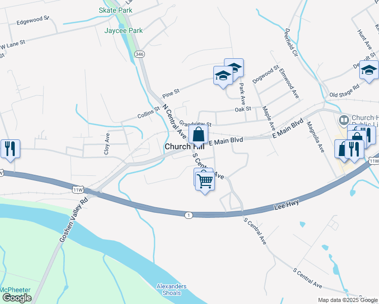 map of restaurants, bars, coffee shops, grocery stores, and more near in Church Hill