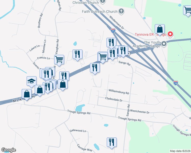 map of restaurants, bars, coffee shops, grocery stores, and more near 541 New South Drive in Clarksville