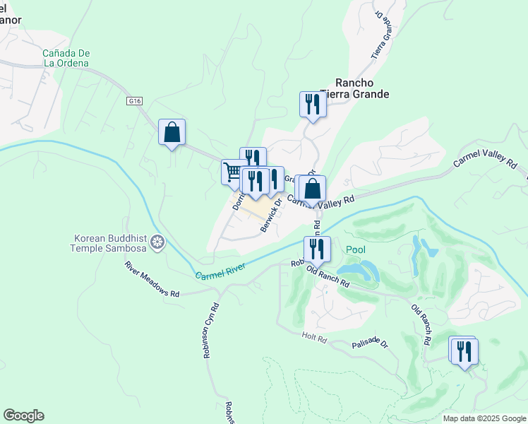 map of restaurants, bars, coffee shops, grocery stores, and more near 207 Mid Valley Center in Carmel-by-the-Sea