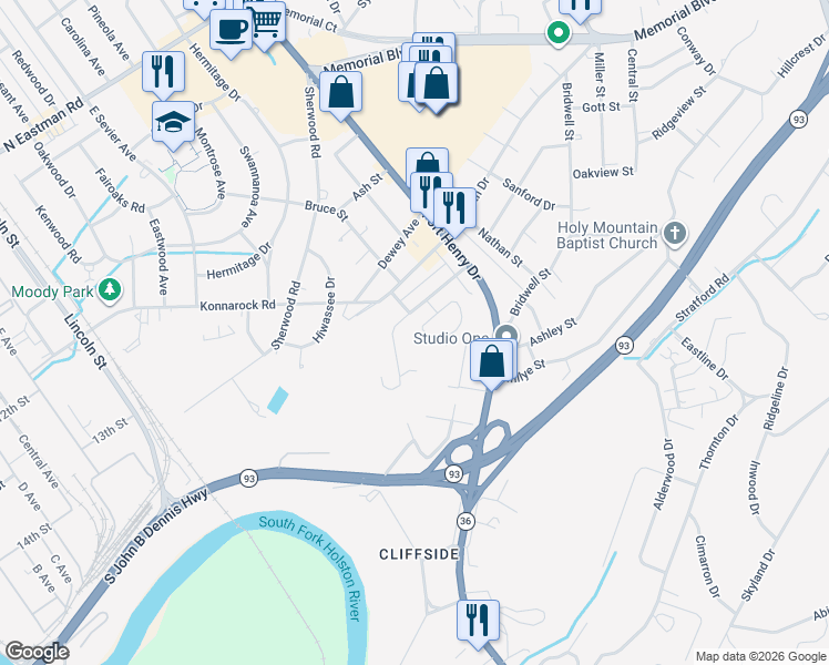 map of restaurants, bars, coffee shops, grocery stores, and more near 2587 Lafayette Circle in Kingsport
