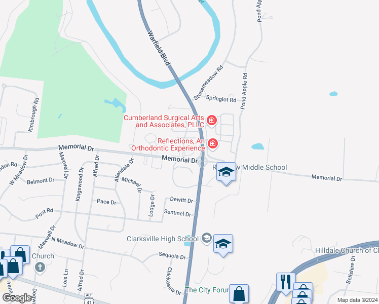 map of restaurants, bars, coffee shops, grocery stores, and more near 2199 Memorial Drive in Clarksville
