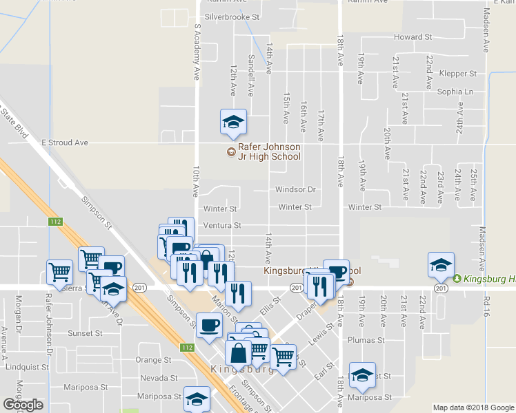 map of restaurants, bars, coffee shops, grocery stores, and more near 2261 14th Avenue in Kingsburg