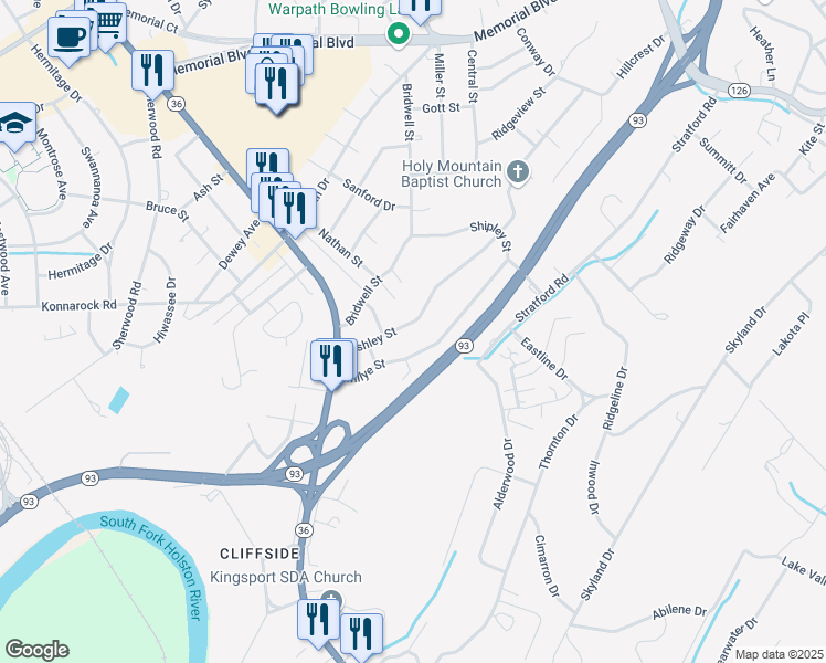 map of restaurants, bars, coffee shops, grocery stores, and more near 2869 Ashley St in Kingsport