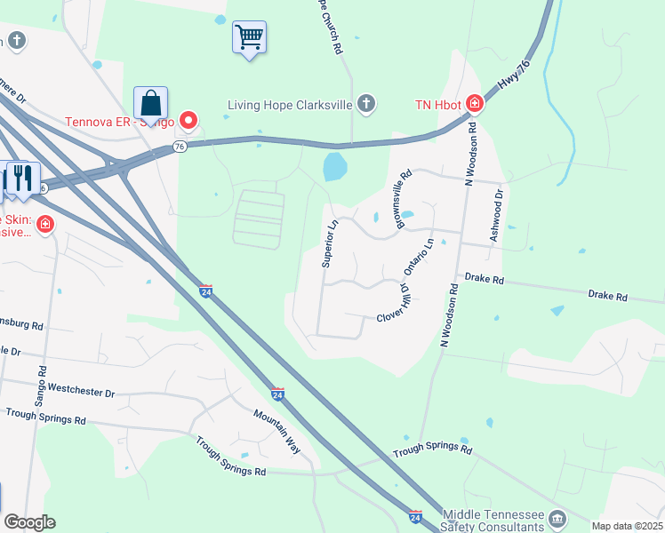map of restaurants, bars, coffee shops, grocery stores, and more near 3485 Clover Hill Drive in Clarksville