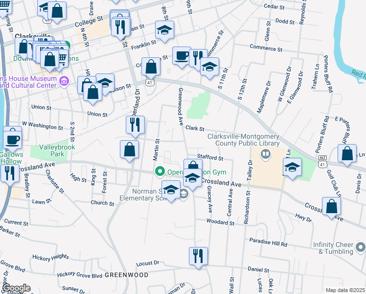 map of restaurants, bars, coffee shops, grocery stores, and more near 540 Greenwood Avenue in Clarksville