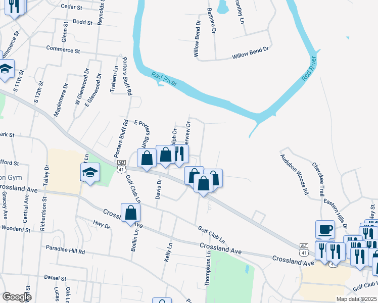 map of restaurants, bars, coffee shops, grocery stores, and more near 103 Riverview Drive in Clarksville