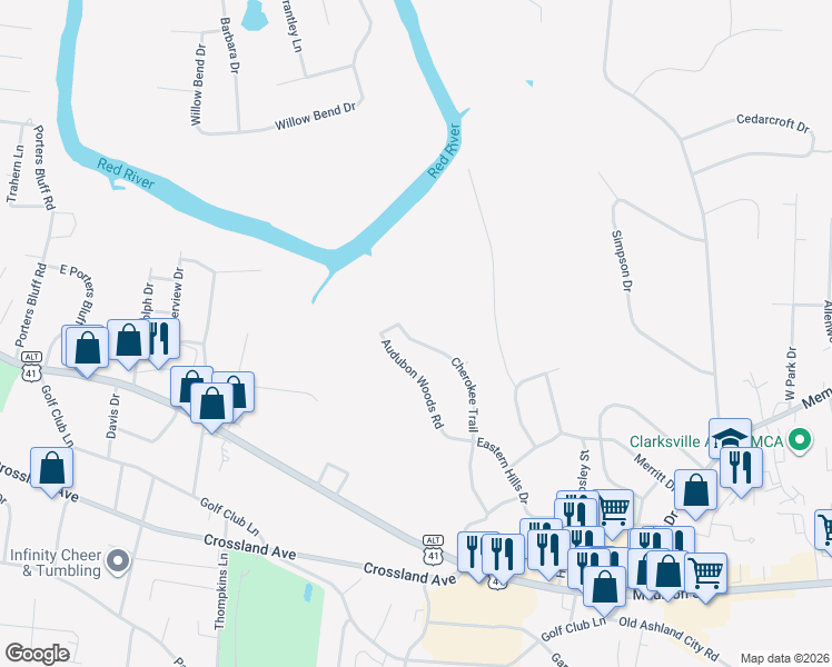 map of restaurants, bars, coffee shops, grocery stores, and more near 229 Cherokee Trail in Clarksville