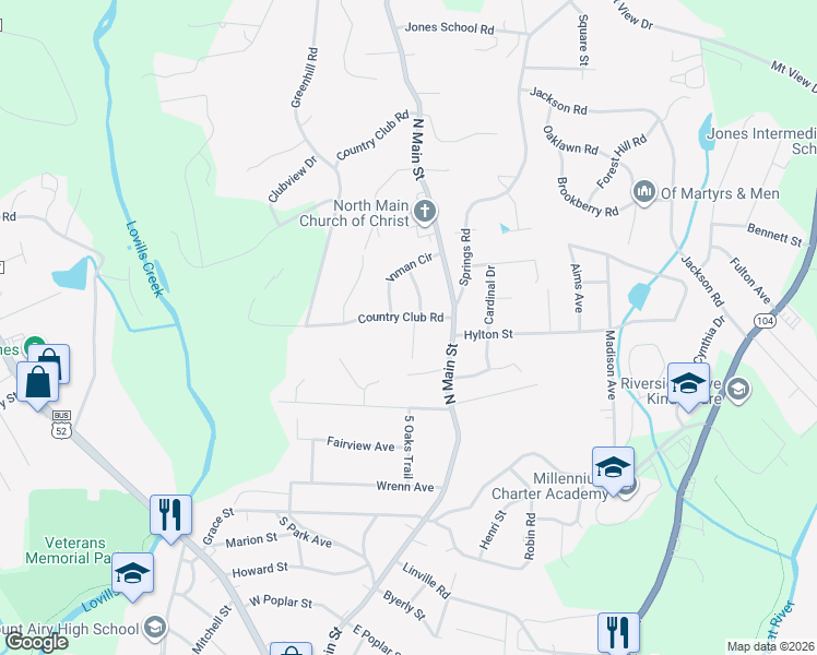 map of restaurants, bars, coffee shops, grocery stores, and more near 201 Country Club Road in Mount Airy