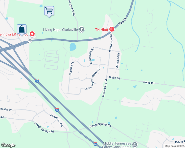map of restaurants, bars, coffee shops, grocery stores, and more near 708 Ontario Lane in Clarksville