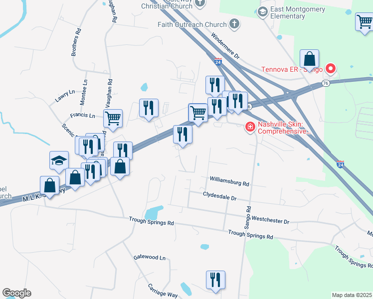 map of restaurants, bars, coffee shops, grocery stores, and more near 541 New S Dr in Clarksville