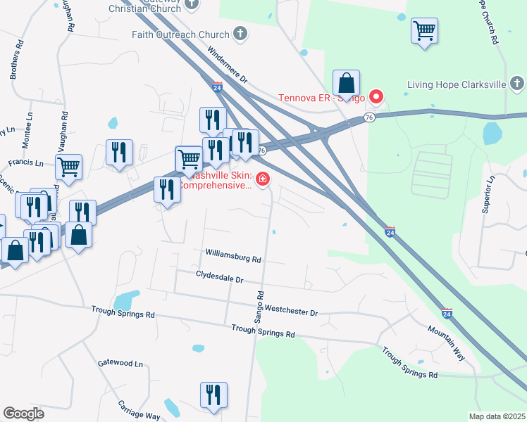 map of restaurants, bars, coffee shops, grocery stores, and more near 3075 Woody Lane in Clarksville