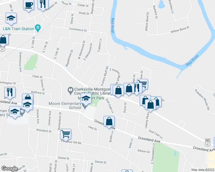 map of restaurants, bars, coffee shops, grocery stores, and more near 276 East Porters Bluff Road in Clarksville
