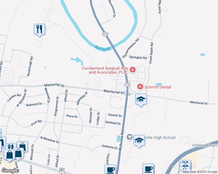 map of restaurants, bars, coffee shops, grocery stores, and more near 2183 Memorial Drive in Clarksville