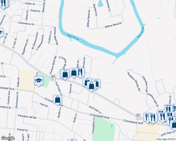 map of restaurants, bars, coffee shops, grocery stores, and more near 103 Riverview Drive in Clarksville