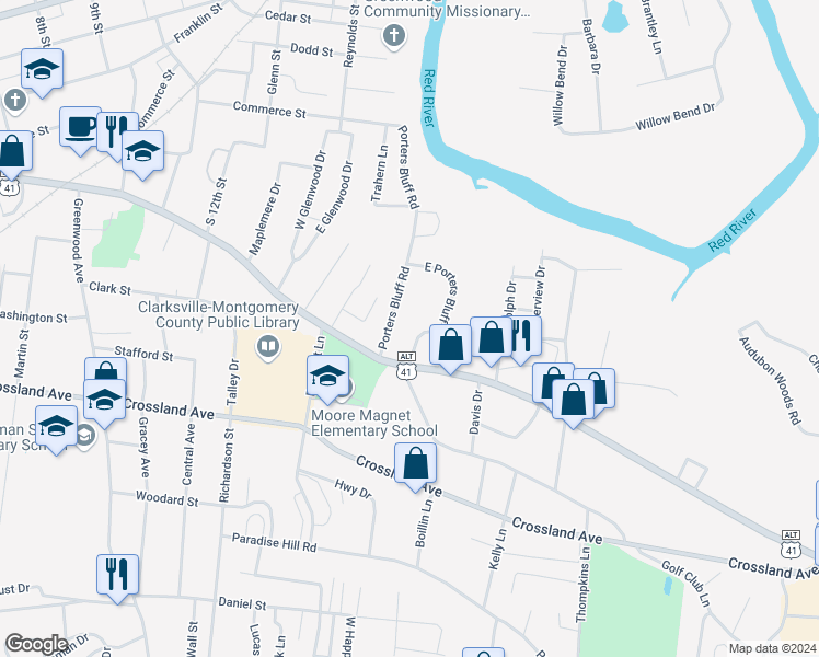 map of restaurants, bars, coffee shops, grocery stores, and more near 276 East Porters Bluff Road in Clarksville