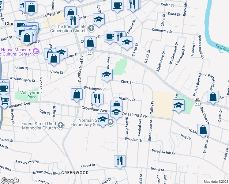map of restaurants, bars, coffee shops, grocery stores, and more near 540 Greenwood Avenue in Clarksville