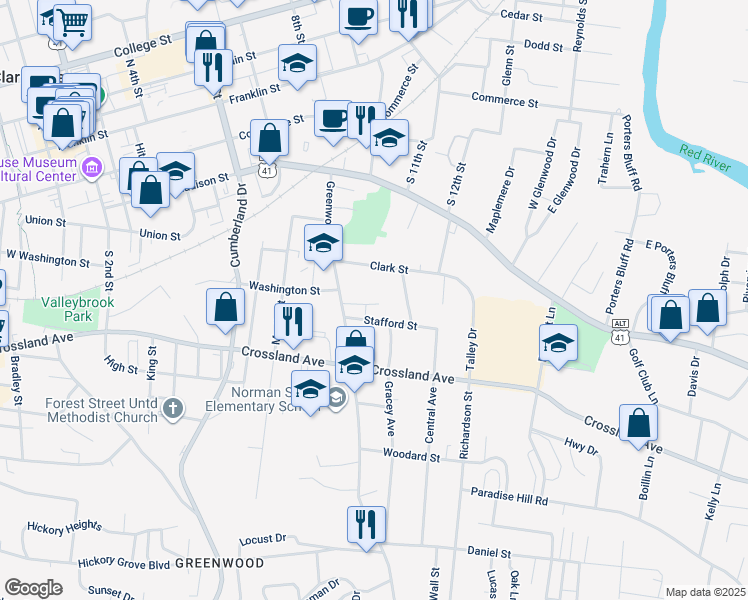 map of restaurants, bars, coffee shops, grocery stores, and more near 954 Greenwood Court in Clarksville