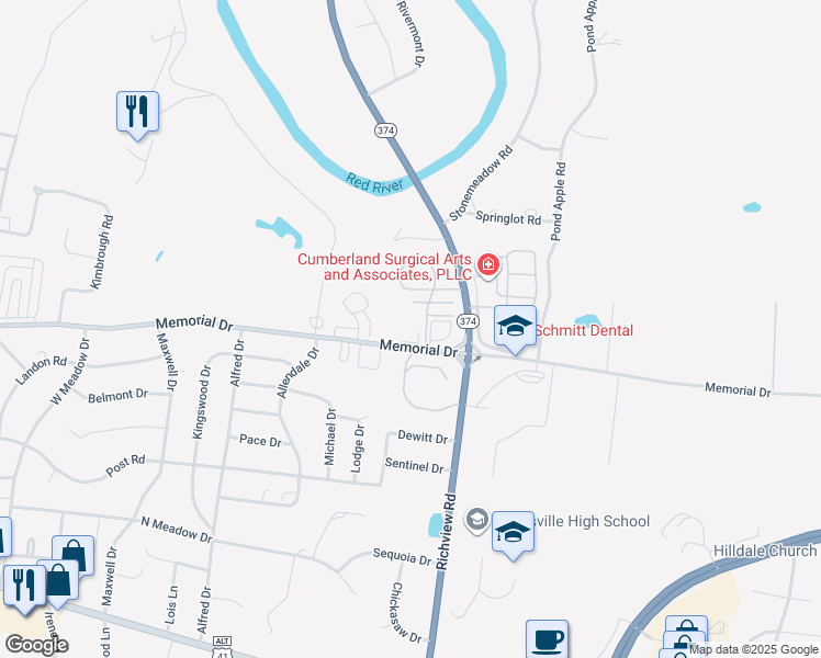 map of restaurants, bars, coffee shops, grocery stores, and more near 2183 Memorial Drive in Clarksville