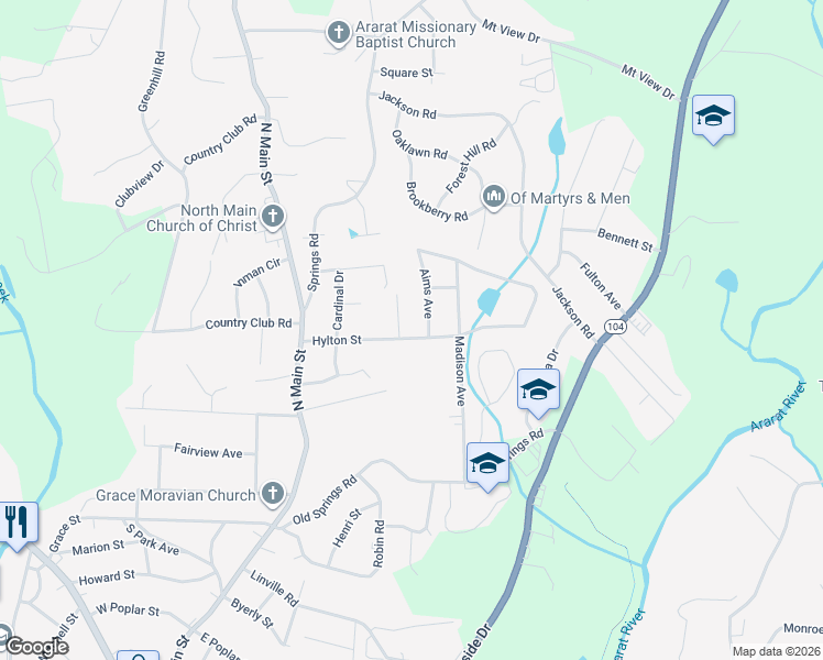 map of restaurants, bars, coffee shops, grocery stores, and more near 257 Hylton Street in Mount Airy
