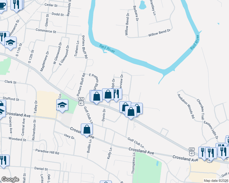 map of restaurants, bars, coffee shops, grocery stores, and more near 108 Rudolph Drive in Clarksville