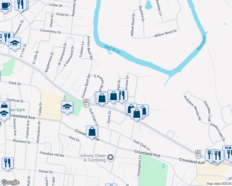 map of restaurants, bars, coffee shops, grocery stores, and more near 108 Rudolph Drive in Clarksville