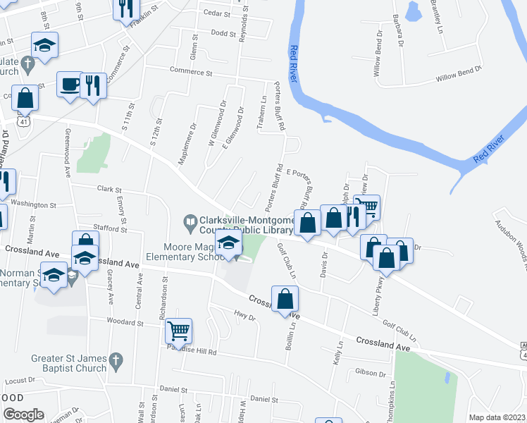 map of restaurants, bars, coffee shops, grocery stores, and more near 256 Porters Bluff Road in Clarksville