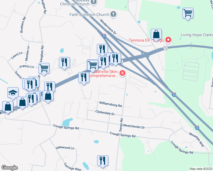 map of restaurants, bars, coffee shops, grocery stores, and more near 3044 Woody Lane in Clarksville