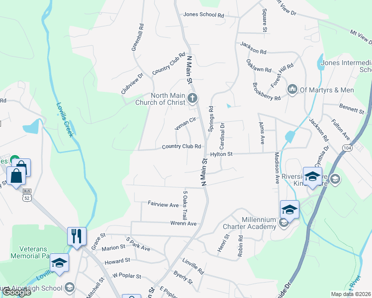 map of restaurants, bars, coffee shops, grocery stores, and more near 201 Country Club Road in Mount Airy