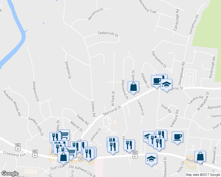 map of restaurants, bars, coffee shops, grocery stores, and more near 120 West Park Drive in Clarksville