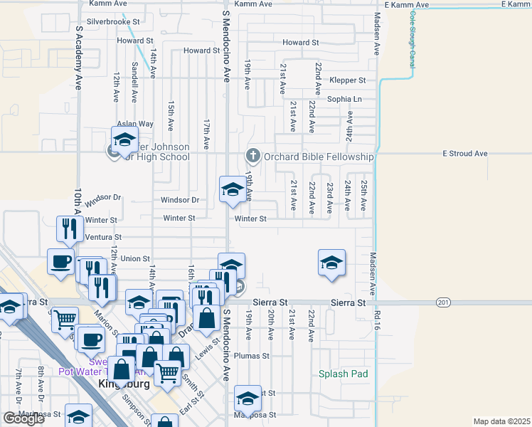 map of restaurants, bars, coffee shops, grocery stores, and more near 1941 Winter Street in Kingsburg