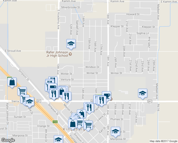 map of restaurants, bars, coffee shops, grocery stores, and more near 1433 Winter Street in Kingsburg