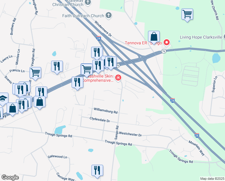 map of restaurants, bars, coffee shops, grocery stores, and more near 3075 Woody Lane in Clarksville