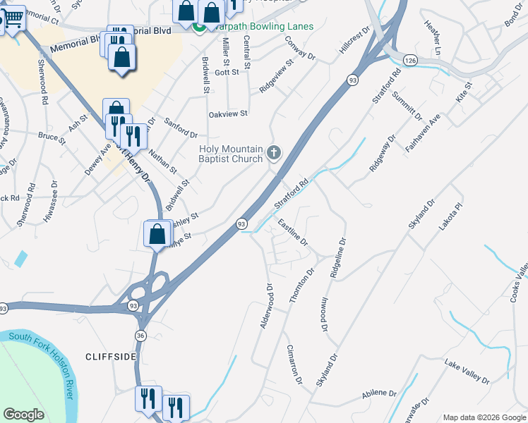 map of restaurants, bars, coffee shops, grocery stores, and more near 1405 Stratford Road in Kingsport