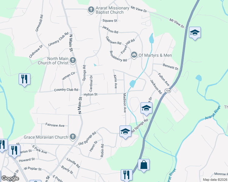 map of restaurants, bars, coffee shops, grocery stores, and more near 257 Hylton Street in Mount Airy