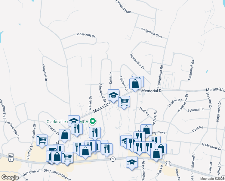 map of restaurants, bars, coffee shops, grocery stores, and more near 113 Keith Drive in Clarksville