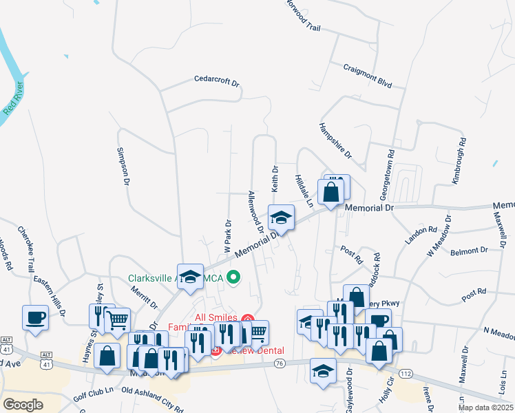 map of restaurants, bars, coffee shops, grocery stores, and more near 107 Allenwood Drive in Clarksville