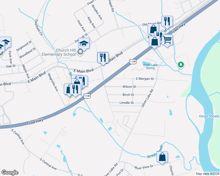 map of restaurants, bars, coffee shops, grocery stores, and more near 504 Wilson Street in Church Hill