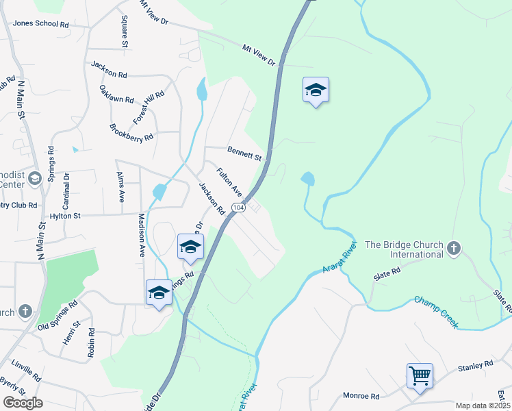 map of restaurants, bars, coffee shops, grocery stores, and more near 2120 Riverside Drive in Mount Airy
