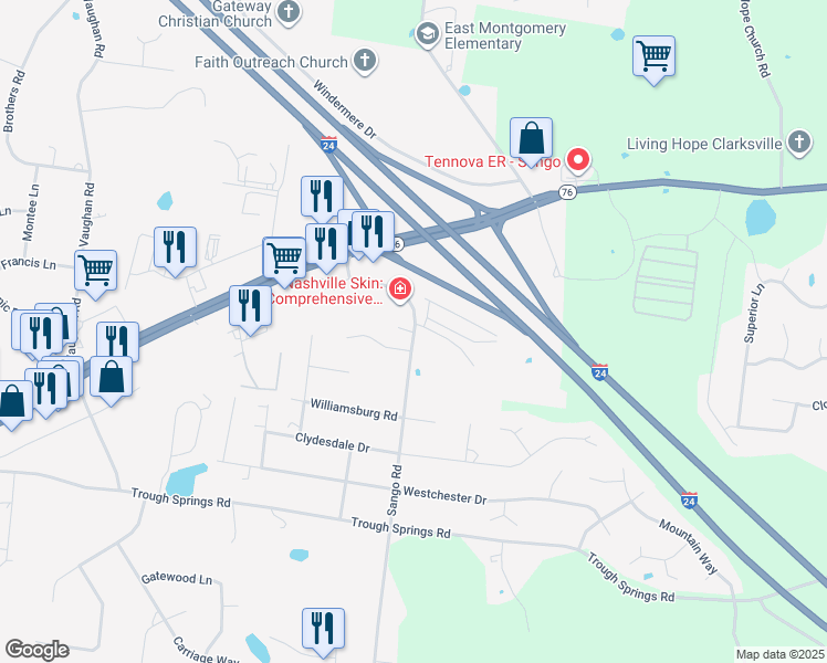 map of restaurants, bars, coffee shops, grocery stores, and more near 608 Sango Road in Clarksville