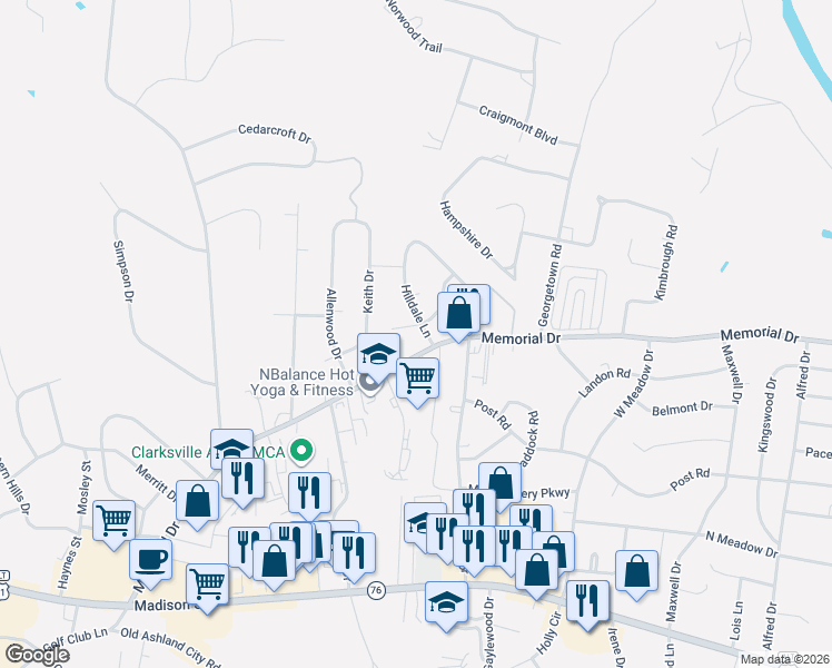 map of restaurants, bars, coffee shops, grocery stores, and more near 1867 Memorial Drive in Clarksville