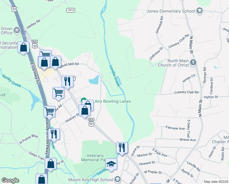 map of restaurants, bars, coffee shops, grocery stores, and more near 252 River Walk Road in Mount Airy