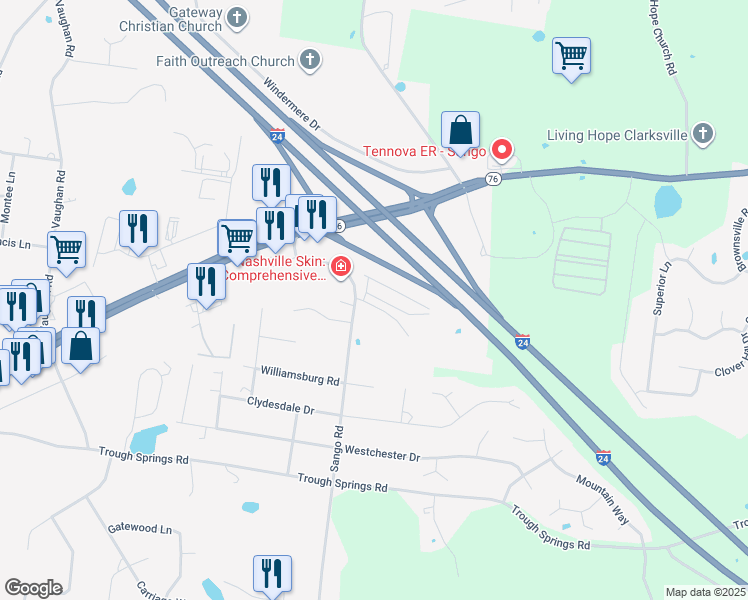 map of restaurants, bars, coffee shops, grocery stores, and more near 608 Sango Road in Clarksville
