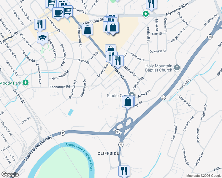 map of restaurants, bars, coffee shops, grocery stores, and more near 2587 Lafayette Circle in Kingsport