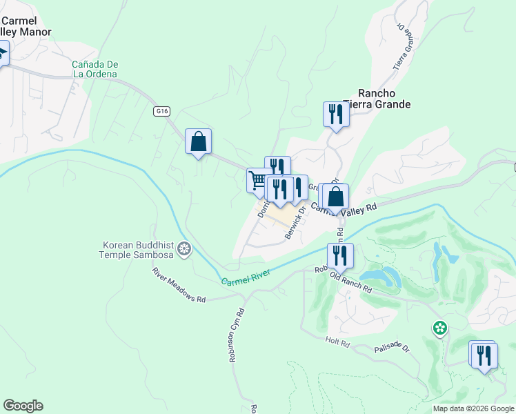 map of restaurants, bars, coffee shops, grocery stores, and more near 104 Mid Valley Center in Carmel-by-the-Sea