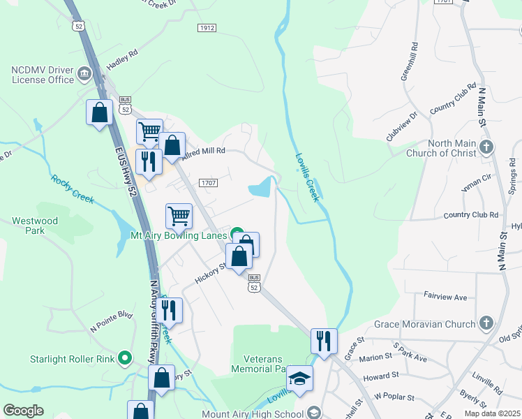 map of restaurants, bars, coffee shops, grocery stores, and more near 551 Allred Mill Road in Mount Airy