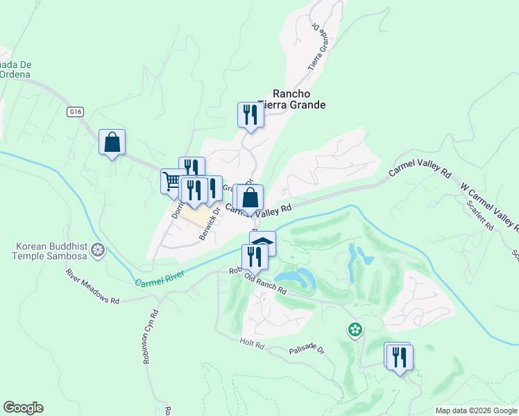 map of restaurants, bars, coffee shops, grocery stores, and more near 27885 Robinson Canyon Road in Carmel-by-the-Sea
