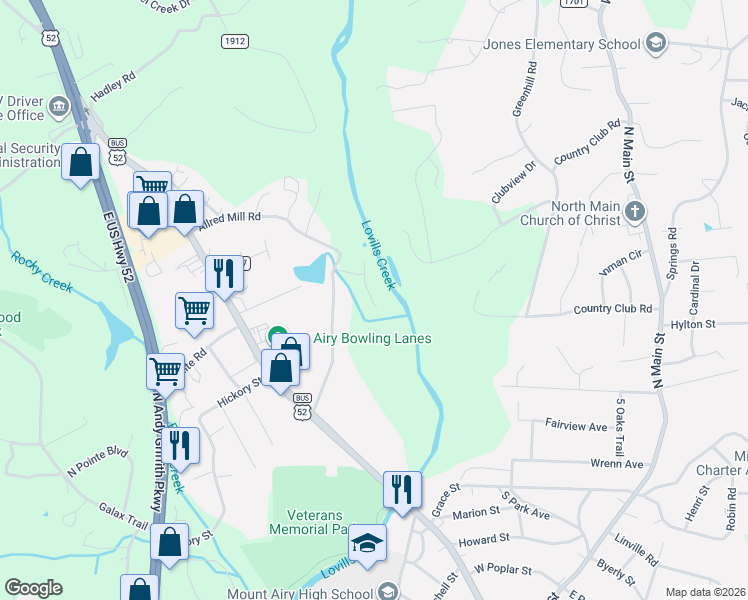 map of restaurants, bars, coffee shops, grocery stores, and more near 252 River Walk Road in Mount Airy