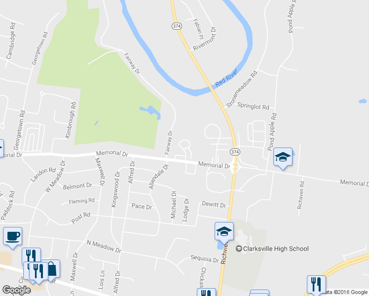 map of restaurants, bars, coffee shops, grocery stores, and more near 400 Country Club Ct in Clarksville
